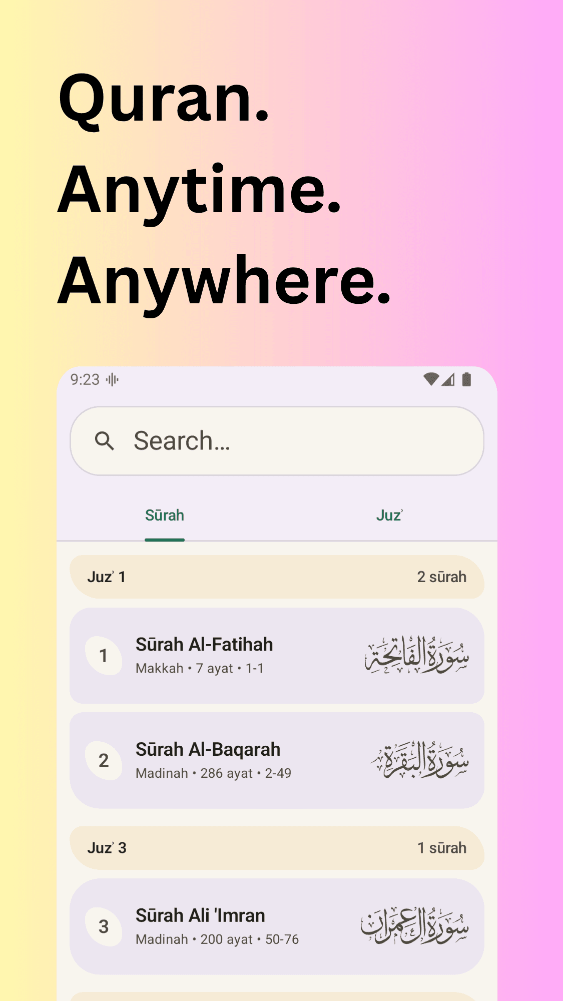 Quran app home screen with search and Surah list