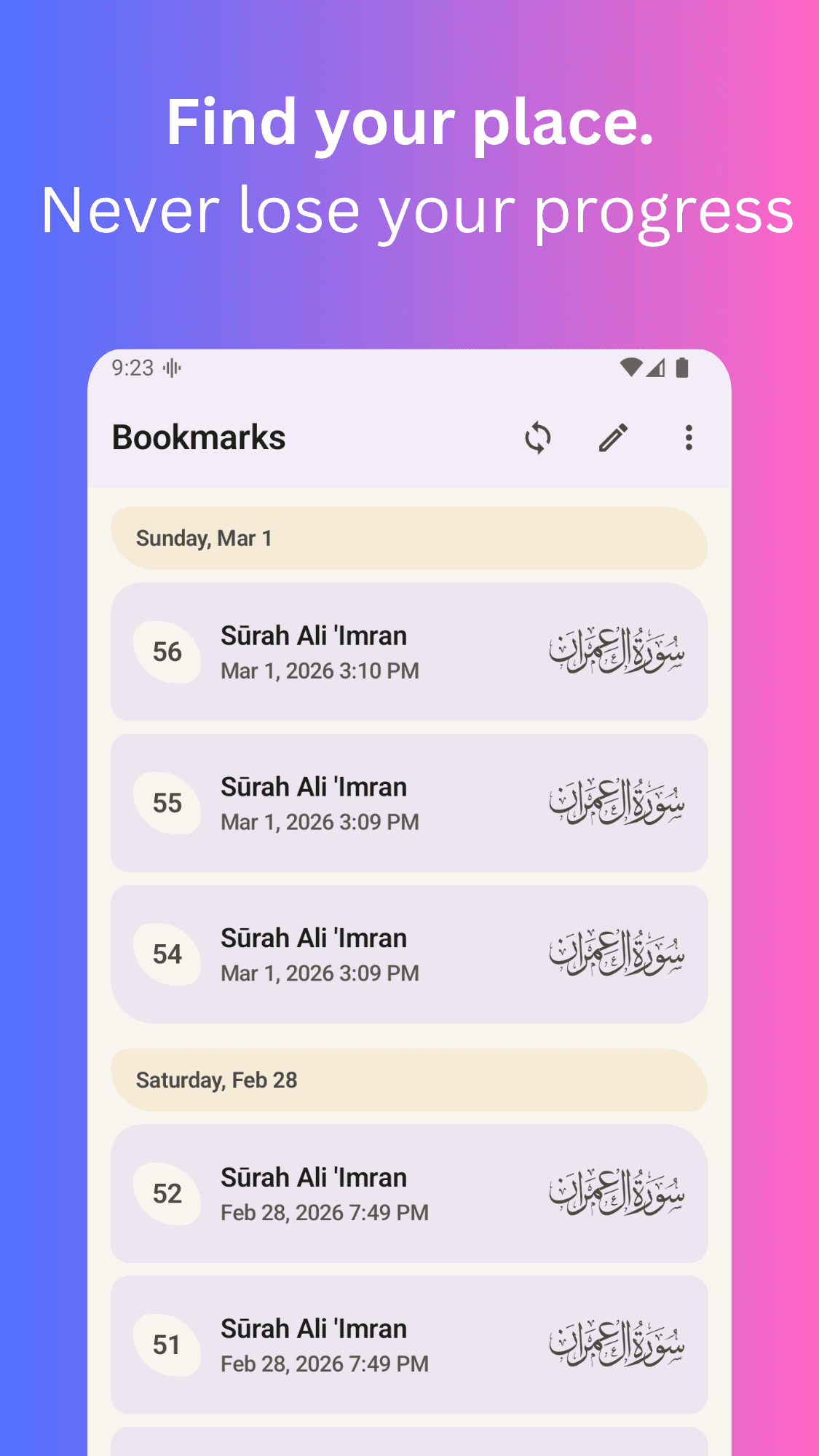 Quran app bookmarks and reading progress screen